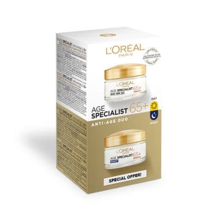 L'Oréal Paris Age Specialist Anti-Wrinkle 65+ Дуо пакет дневен крем за лице, 50 мл + нощен крем за лице, 50 мл