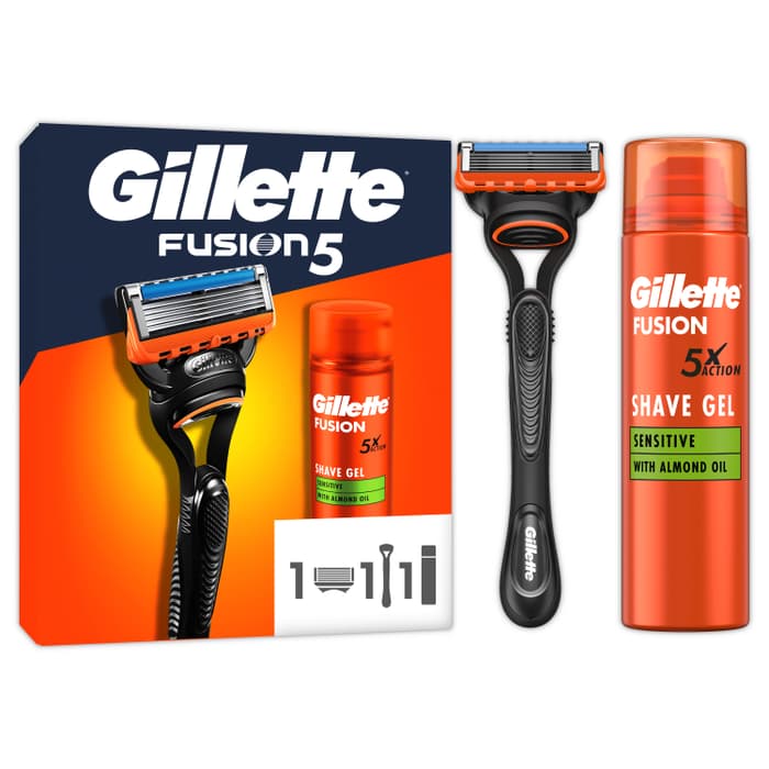 Gillette Fusion самобръсначка + гел за бръснене 200 мл, комплект за мъже