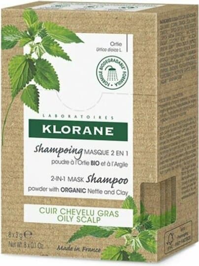 Klorane Nettle 2в1 прахообразна маска-шампоан за мазна коса с органична коприва и глина 8 × 3 г