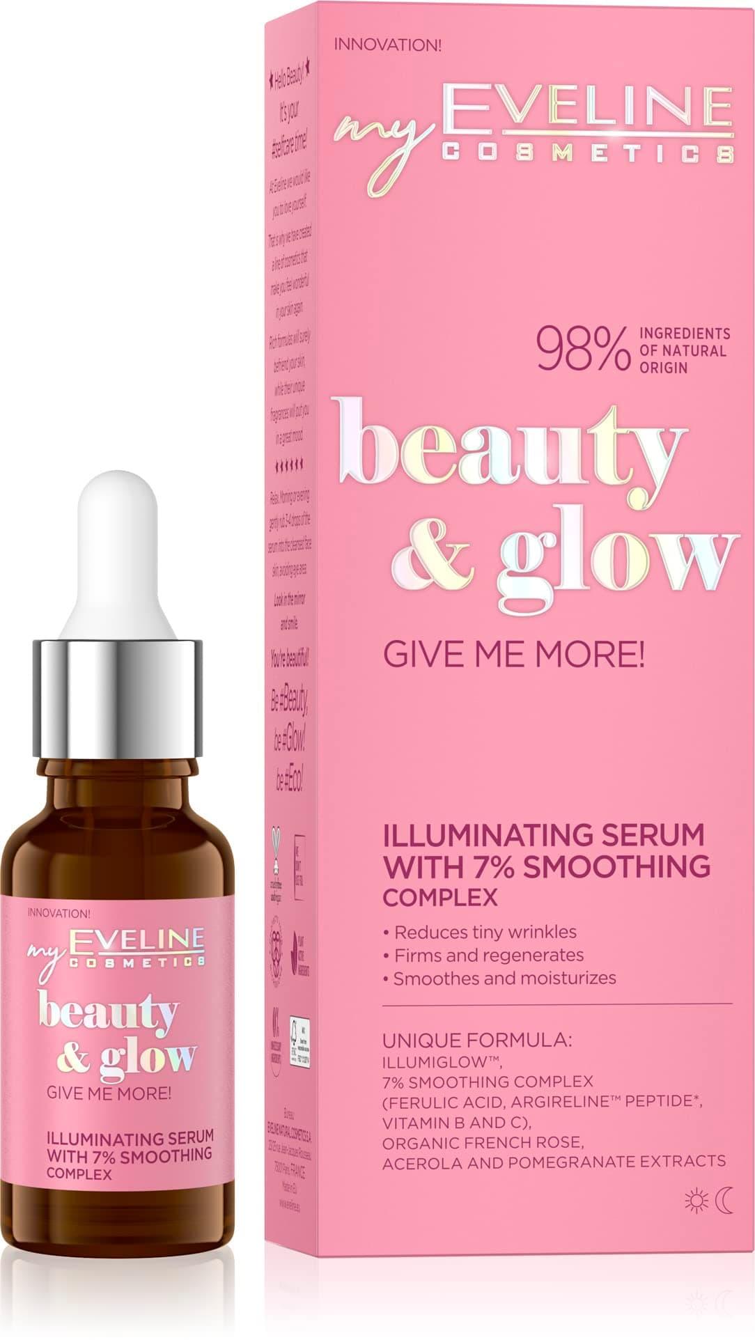 Eveline Cosmetics Beauty&glow Give Me More озаряващ серум със 7% изглаждащ комплекс, 18 мл