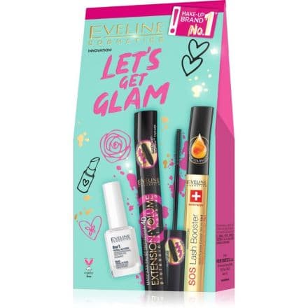 Eveline Cosmetics Комплект Let's Get Glam / SOS Lash Booster, Nail 8IN1 Total Action, спирала Extension Volume Thicken