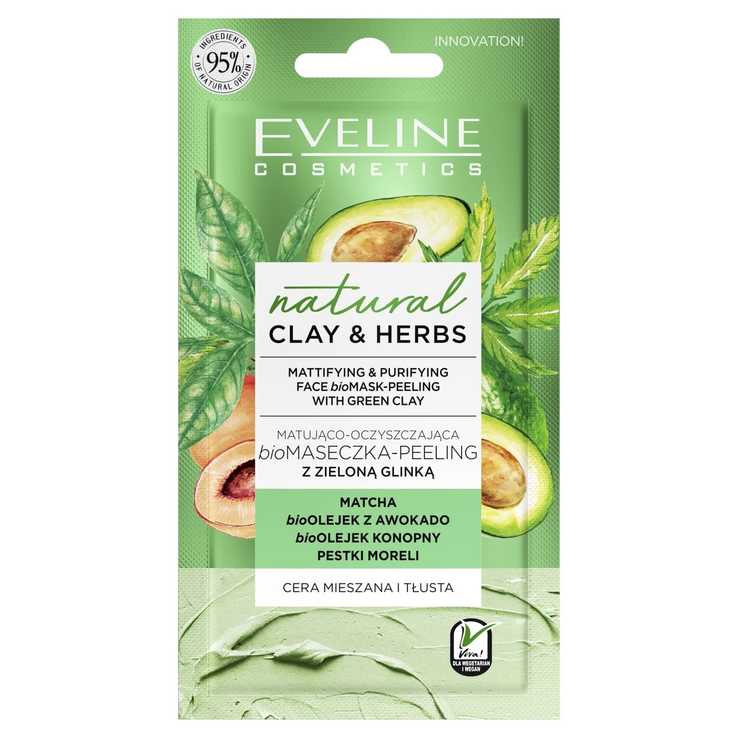 Eveline Cosmetics Natural Clay&herbs мат. и почистваща пилинг маска за лице със зелена глина, 8 мл