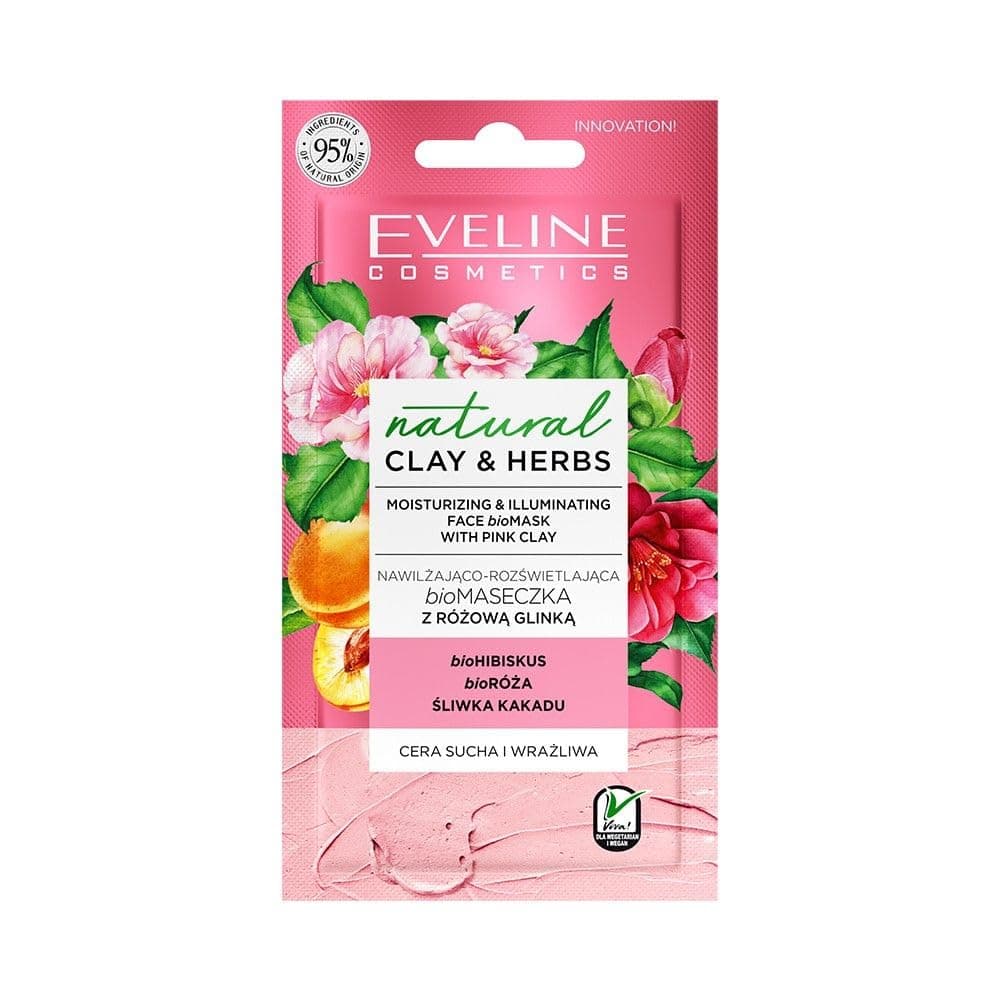 Eveline Cosmetics Natural Clay&herbs хидратиращ и озаряваща пилинг маска за лице с розова глина, 8 мл
